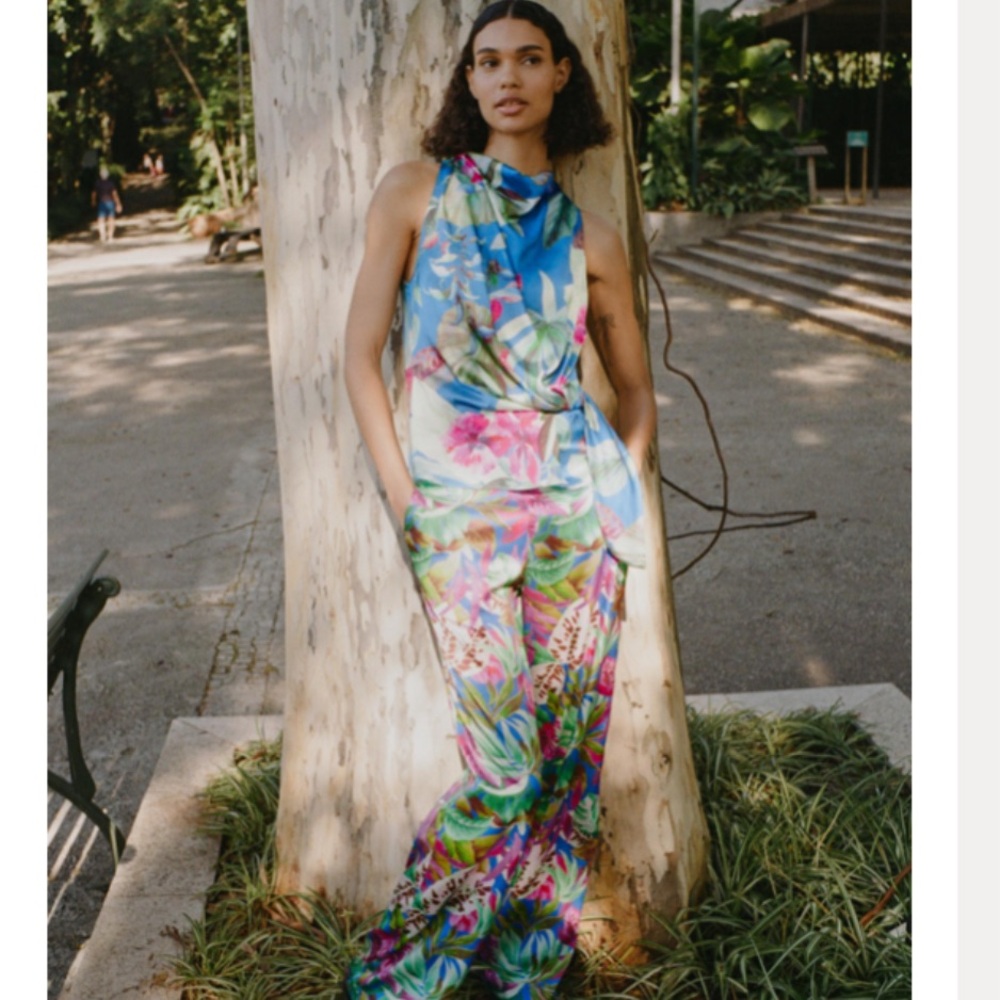 SATIN EFFECT TROPICAL PRINT PANTS MULTICOLORED SIZE L